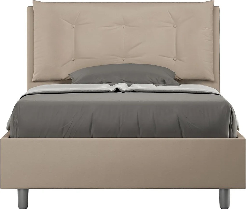 Łóżko wyposażone w stelaż z listwami tapicerowane 120x190 sztucznej skóry szaro-beżowy Annalisa Large