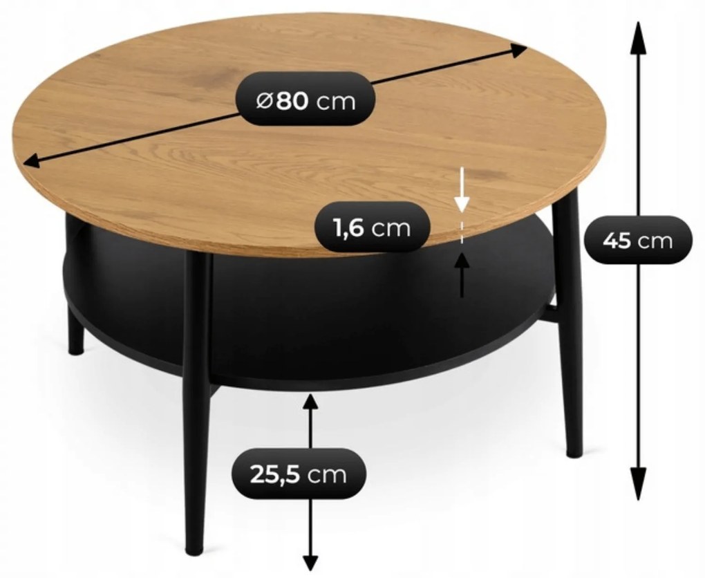 Stolik Kawowy Okrągły PAULO MAX 80 cm Dąb/Czarny Nowoczesny Loft