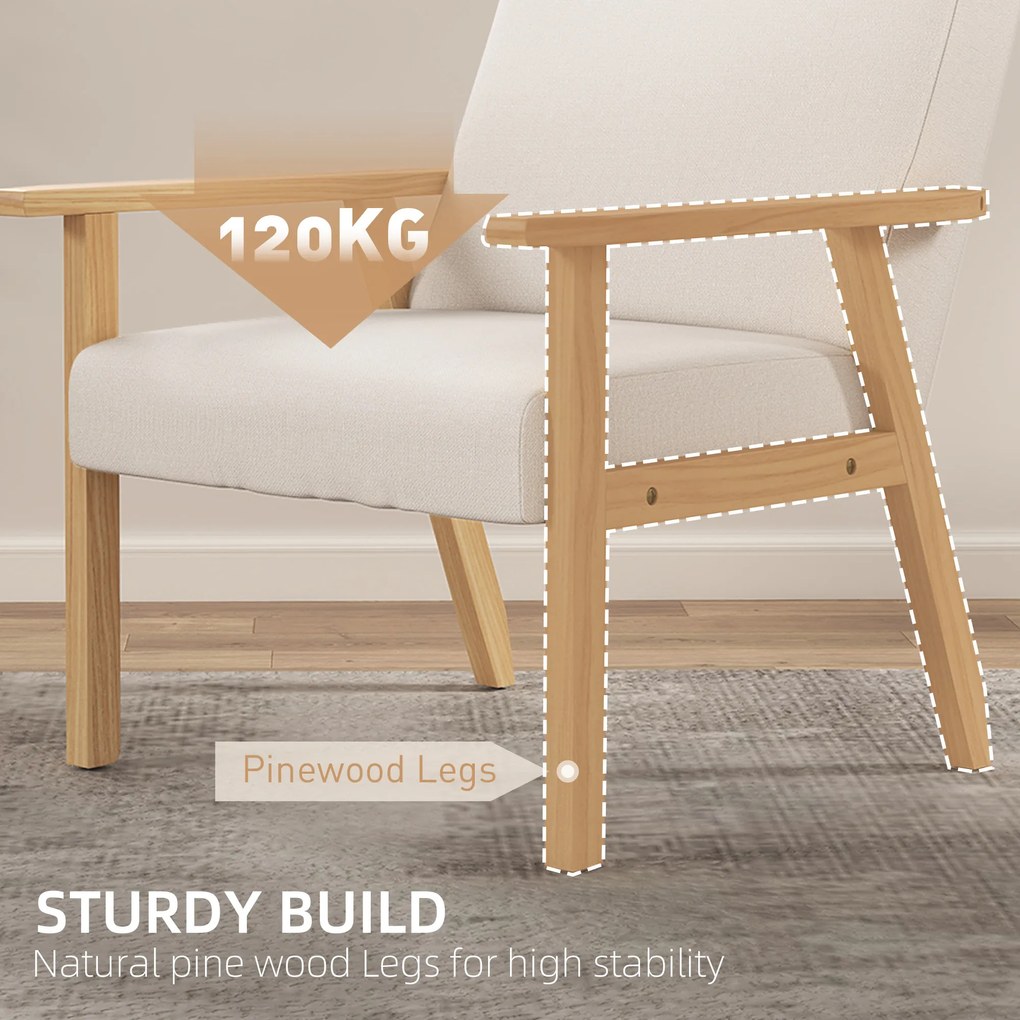 HOMCOM Fotel tapicerowany z podłokietnikami, krzesło do jadalni w wyglądzie lnu, rama z litego drewna, 64 x 70 x 72 cm, kremowy