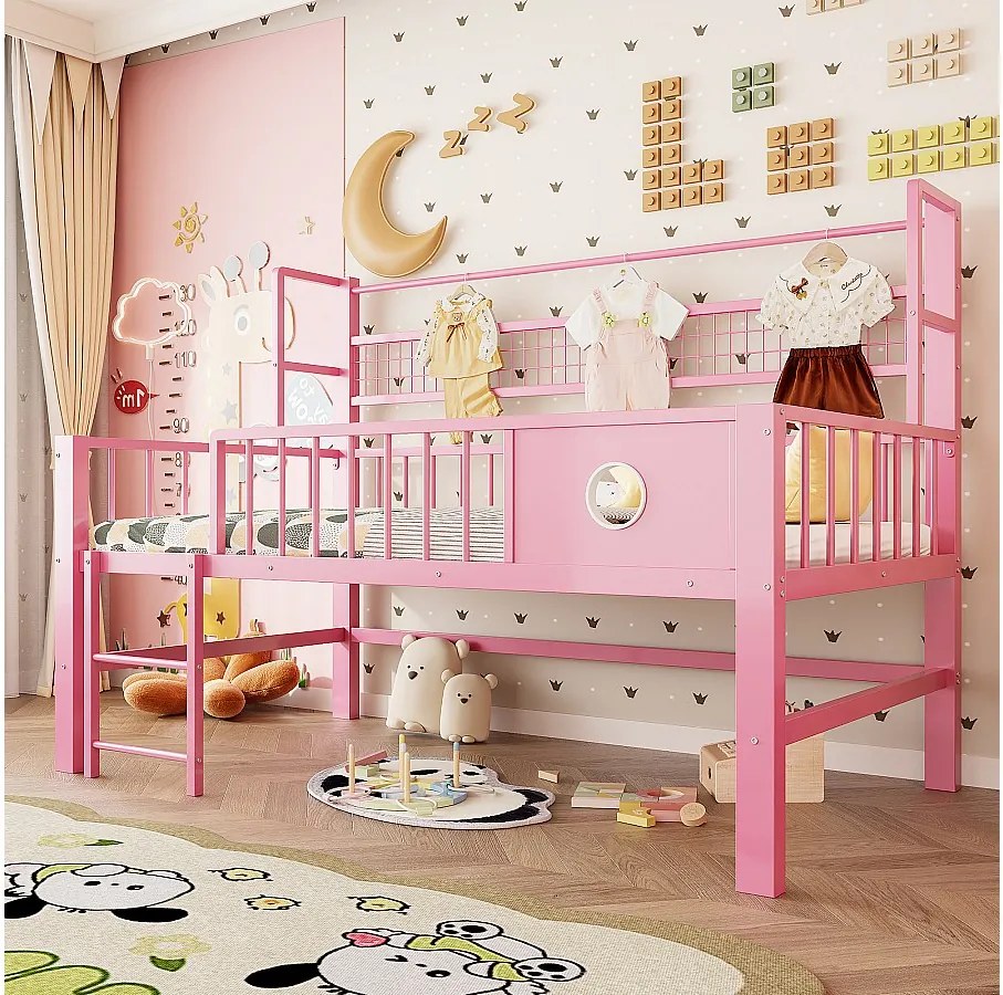Łóżko dziecięce niskie piętrowe - 90 x 200 cm - z metalową ramą i schowkami - różowe