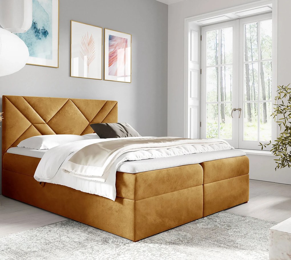 Musztardowe welurowe łóżko kontynentalne 5 rozmiarów - Velvaro
