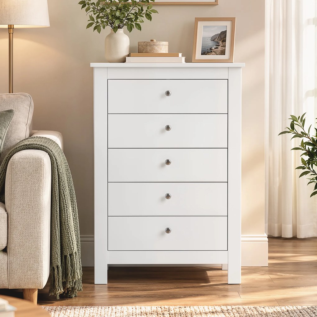 HOMCOM Komoda z 5 szufladami, mebel z łatwo wysuwającymi się prowadnicami do sypialni, 60 x 39,5 x 95,3 cm, Biały | Aosom PL