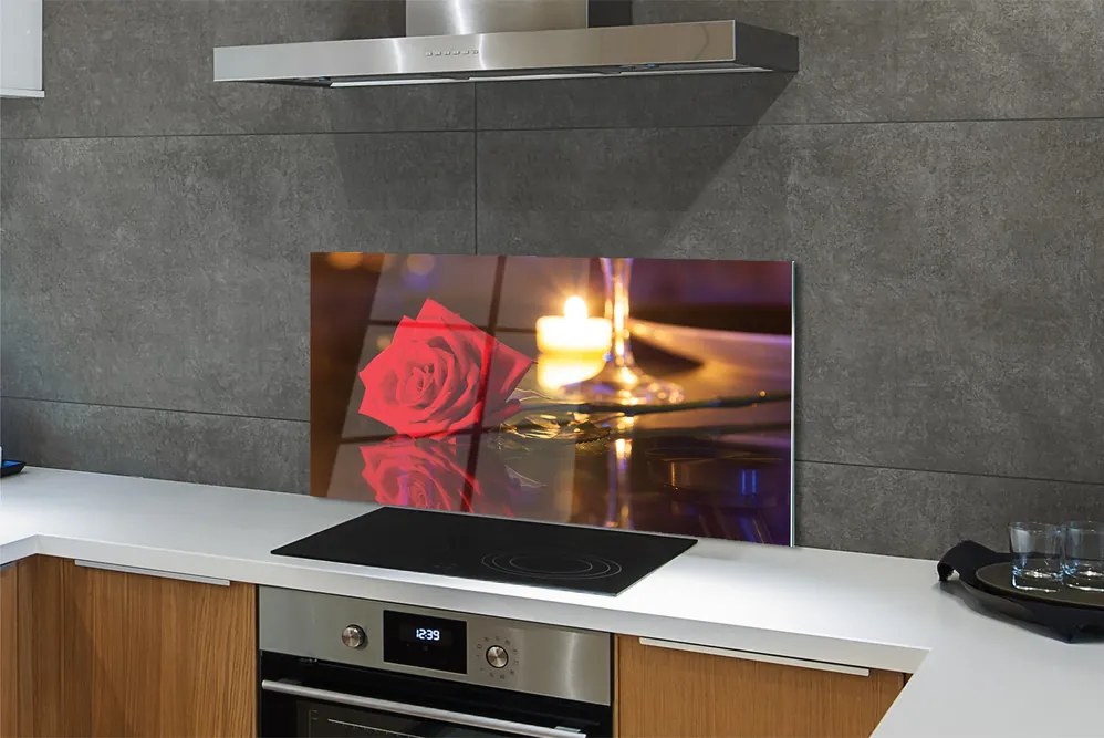 Szklany Panel Róża, Świeca i Kieliszek Wina