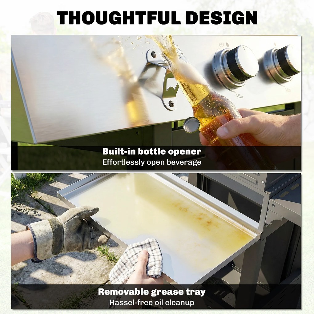 Outsunny Grill gazowy 10,5 kW 3+1 palniki BBQ wózek stal nierdzewna z bocznym palnikiem, otwieraczem do butelek i termometrem | Aosom PL