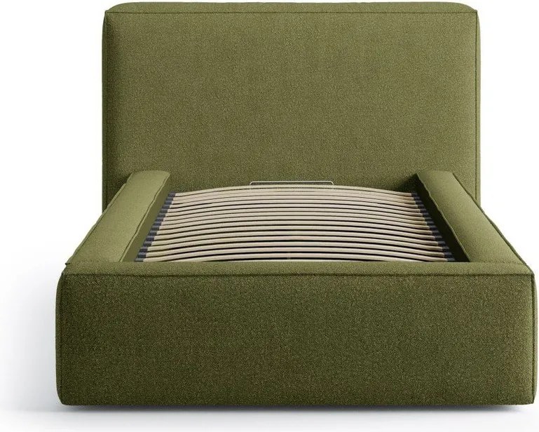 Zielone tapicerowane łóżko jednoosobowe ze schowkiem i stelażem 90x200 cm Jodie – Micadoni