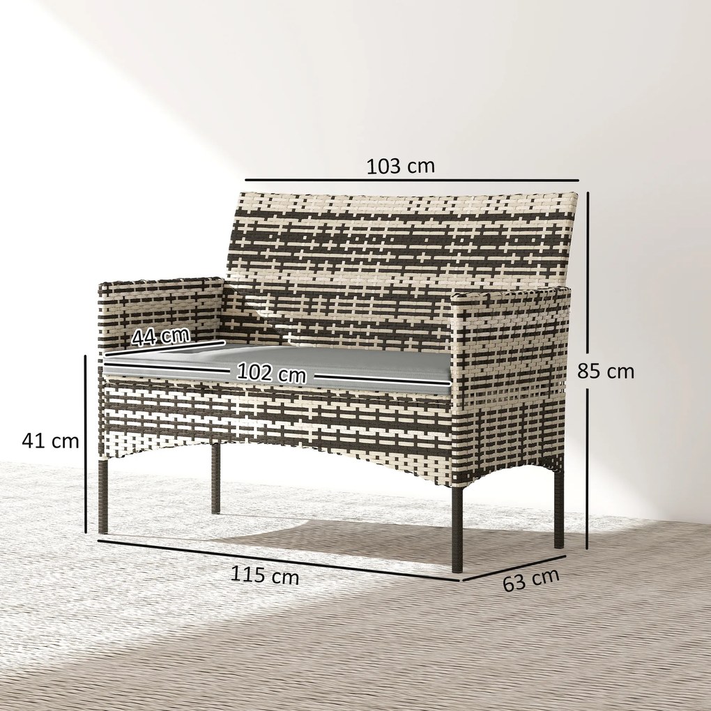 Outsunny 2-osobowa sofa rattanowa na taras z poduszką, antypoślizgowe maty, stalowa rama, jasnoszara | Aosom PL