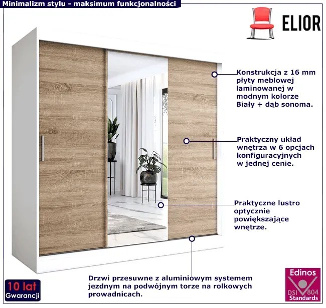 Szafa przesuwna biały + dąb sonoma 200 cm - Massi 6X