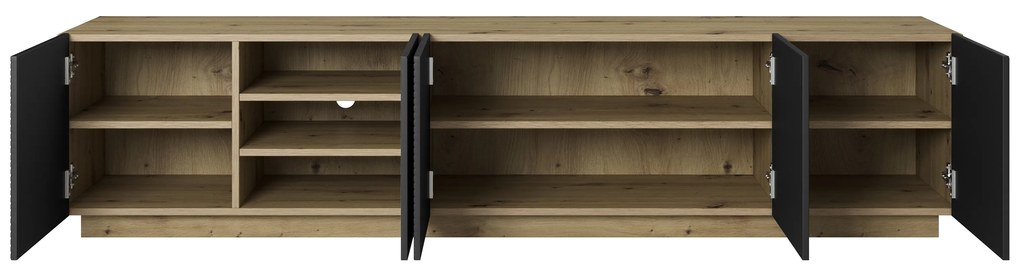 Szafka RTV Asha 200 cm pięciodrzwiowa z ryflowanym frontem - artisan / czarny mat