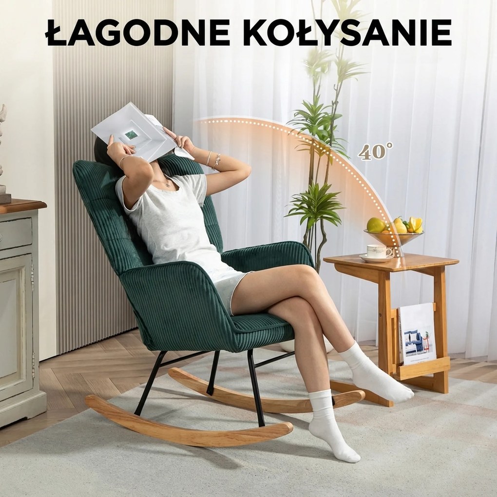 HOMCOM Fotel bujany, Płózki z drewna bukowego, Grube tapicerowanie, Ciemnozielony, do 120 kg