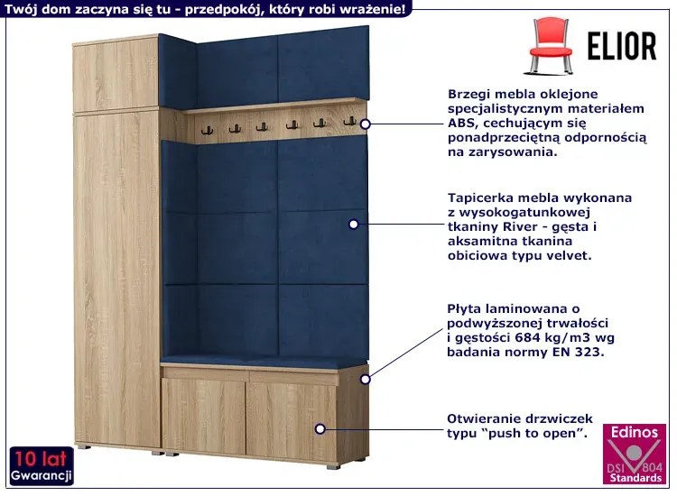 Szafa z siedziskiem tapicerowanym dąb sonoma + granat - Linez 3X