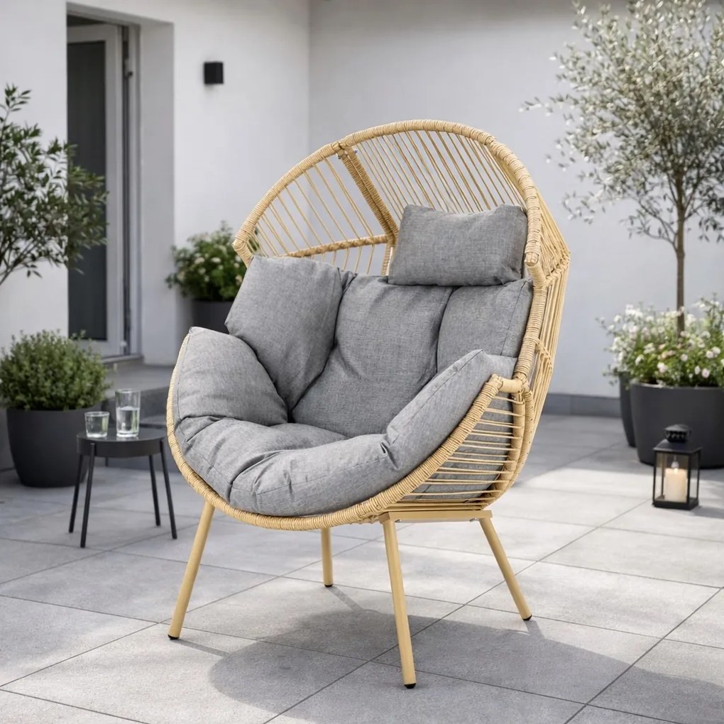 Fotel ogrodowy kokon Zafira technorattan, boho, szara poduszka
