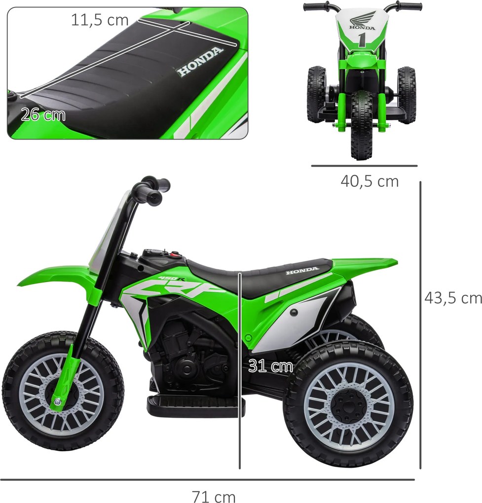 HOMCOM Elektryczny Motocykl dla Dzieci Honda, 3 km/h, Efekty Dźwiękowe, dla Dzieci 18-36 Miesięcy, Zielony