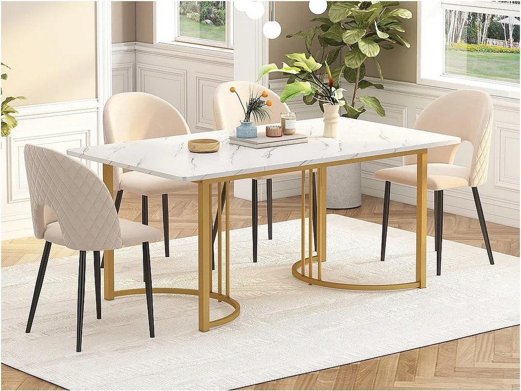 Stół jadalny 140x80 cm z regulowanymi nogami - metalowa konstrukcja - okleina w marmurowy wzór - Biały i Złoty