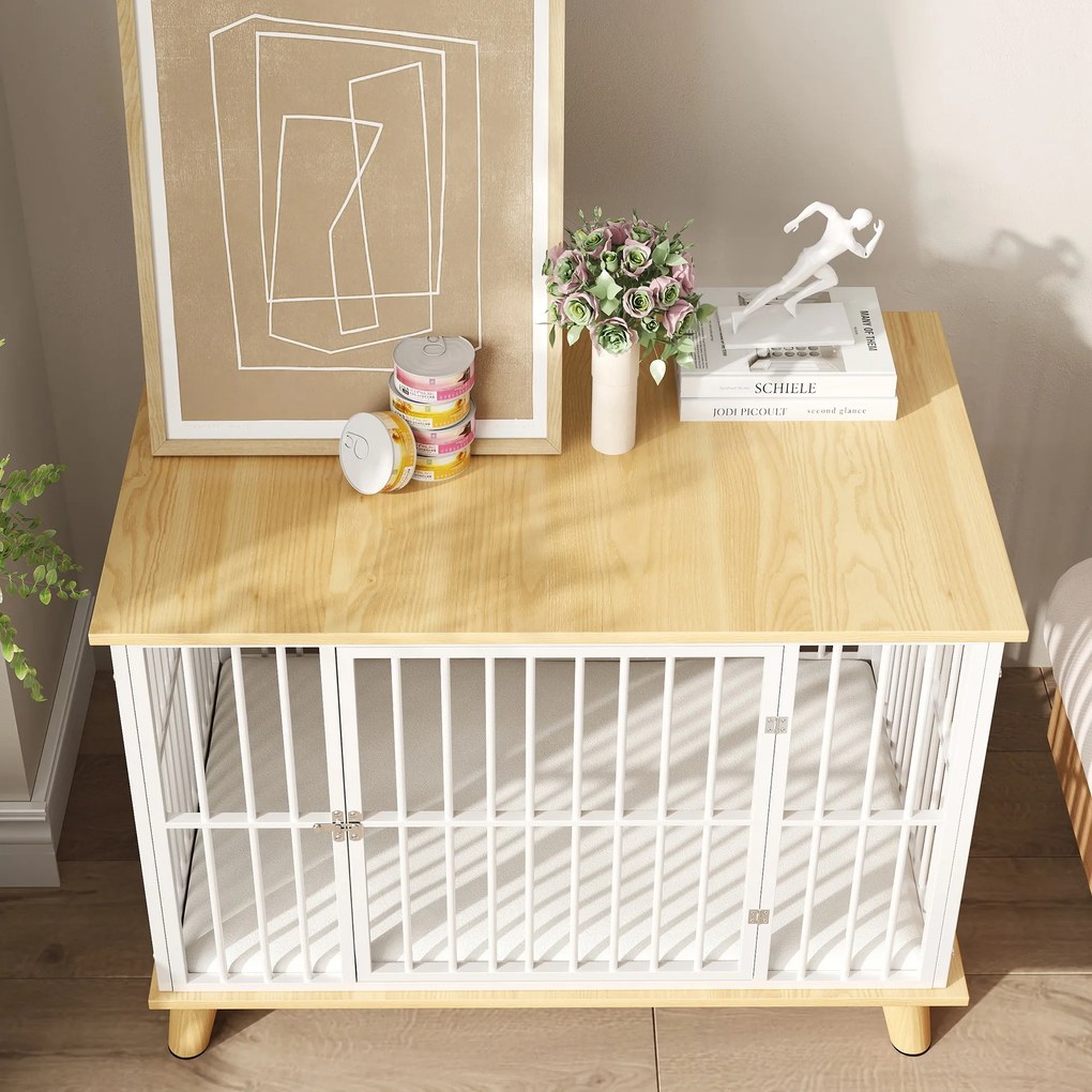 PawHut Klatka dla psa z drzwiami z zamkiem, zdejmowana poduszka, dobra wentylacja, Stal, 86x60x70 cm, Biały+Dąb