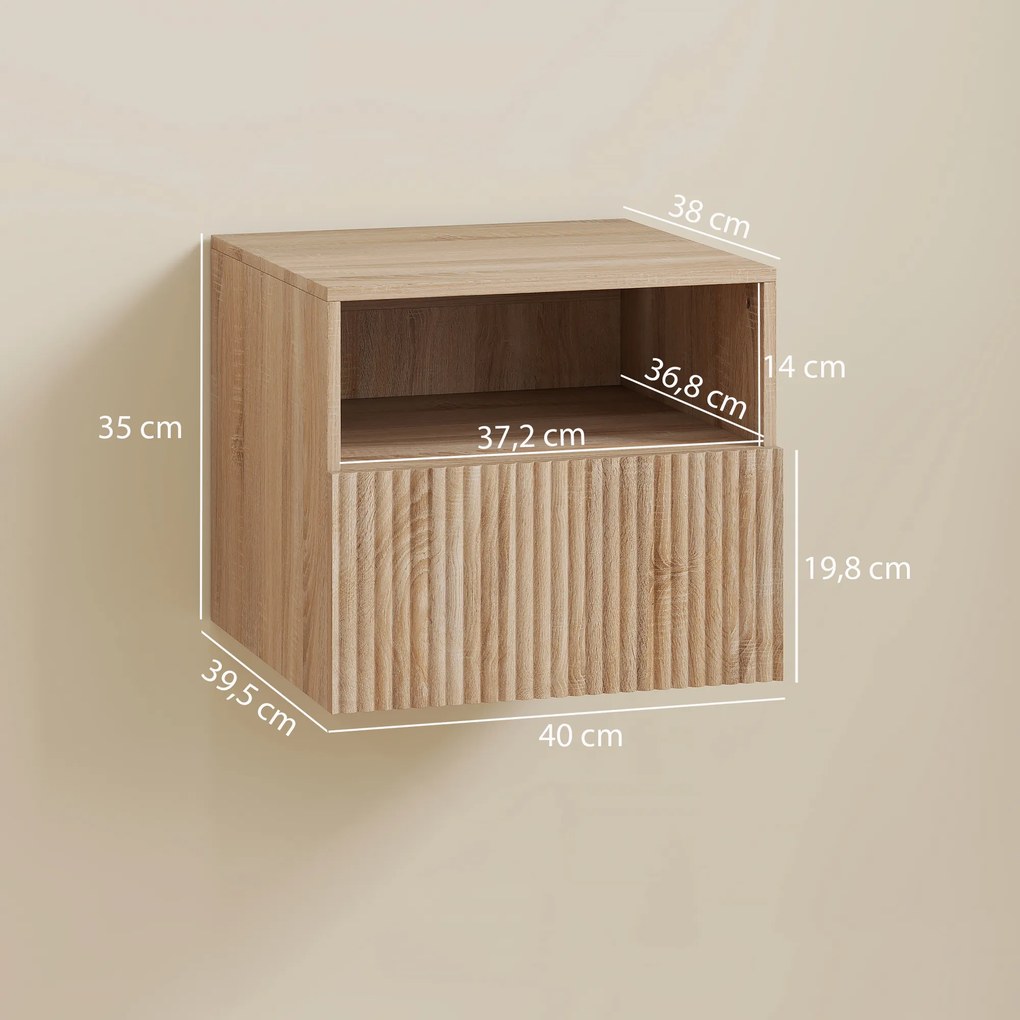 HOMCOM stolik nocny, bezuchwytowy design, otwarta półka, szuflada, montaż ścienny, jasnobrązowy