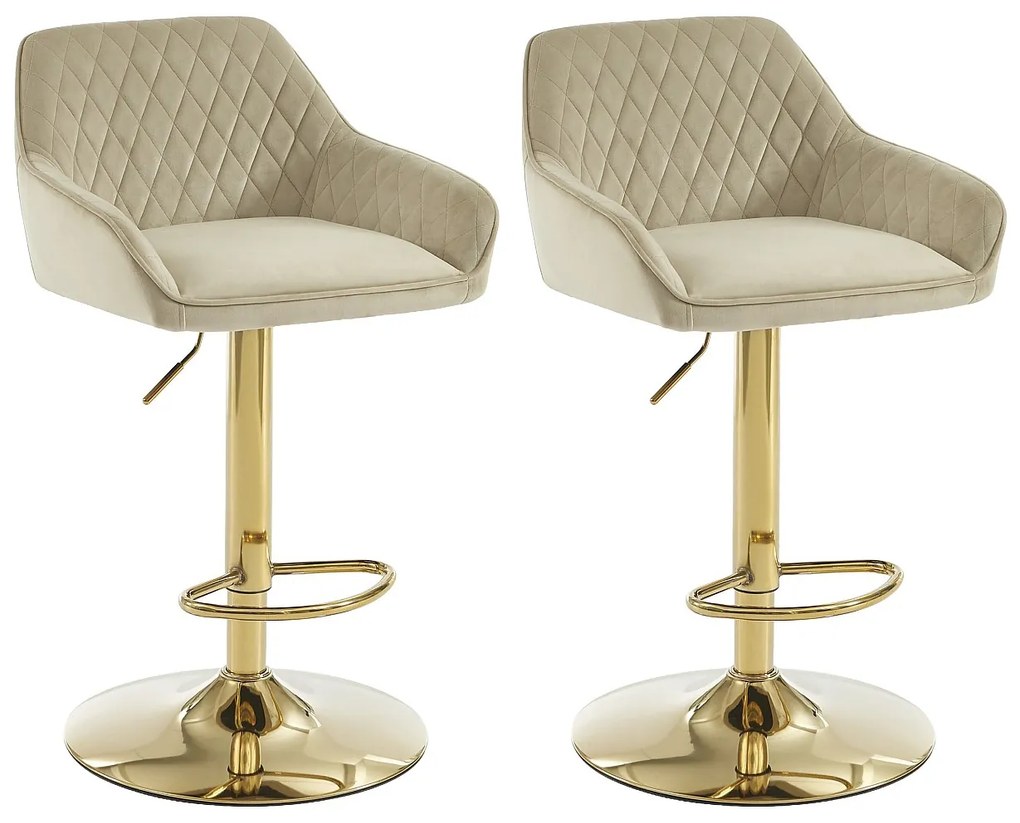 Zestaw 2 hokerów barowych z weluru i złotego metalu - Regulowana wysokość - Beżowy - TAVOA