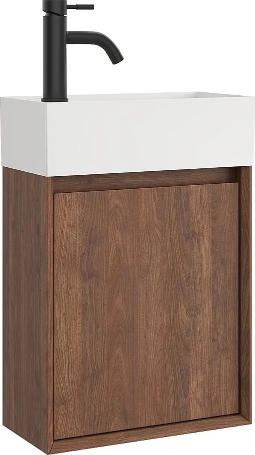 Wisząca szafka z umywalką do łazienki, umywalka z żywicy w kolorze białym mat i bateria – Ciemny naturalny – 40 x 25,5 x 57 cm – SOREL