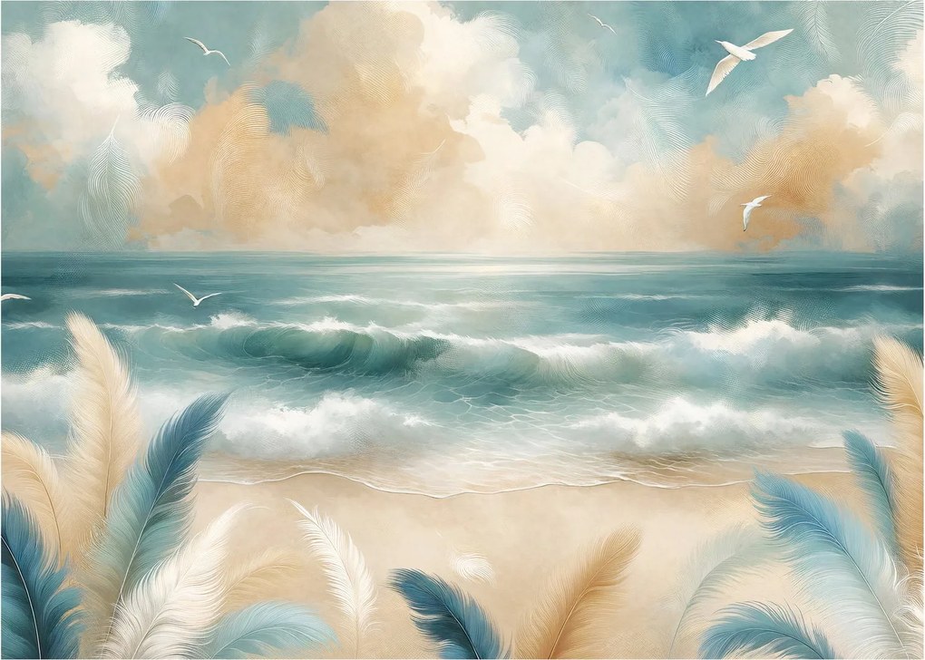 Obraz na szkle – Malowana plaża w delikatnych kolorach (70x50 cm)