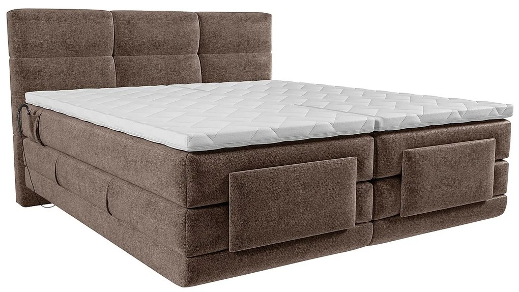 Zestaw łóżko kontynentalne z pikowanym zagłówkiem + stelaże relaksacyjne elektryczne + materace + nakładki na materac - 2 x 90 x 200 cm - Tkanina - Brązowy - LODI marki PALACIO