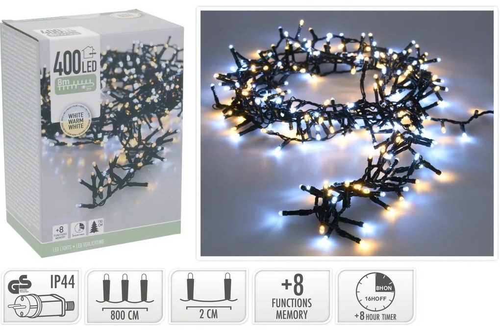 Zewnętrzny łańcuch świetlny Microcluster, 8 m, 400 LED, ciepła biała + biała, timer, IP44, 8 m