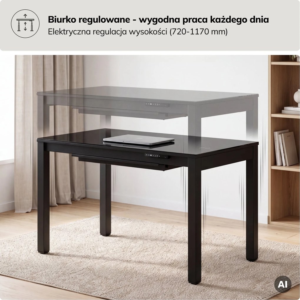 Biurko regulowane elektrycznie podnoszone czarne, 120x63 cm: EVAN