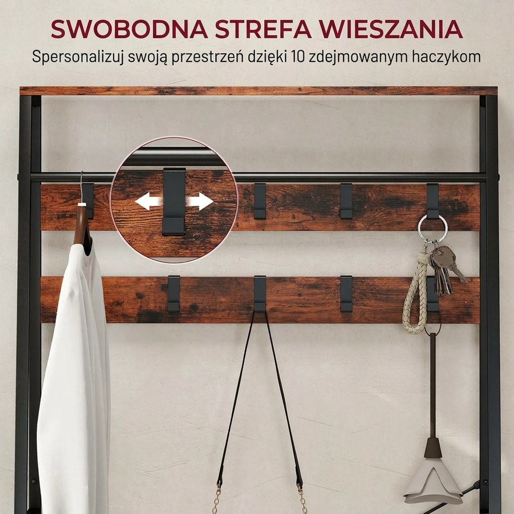 HOMCOM Garderoba z półką na buty, stojak na płaszcze z siedziskiem, 10 haczyków, 2 materiałowe szuflady, drążek, płyta wiórowa, metal, brązowy