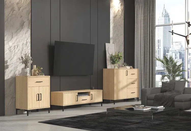 Ryflowana nowoczesna szafka pod TV dąb sławonia + lamele - Erlos 5X