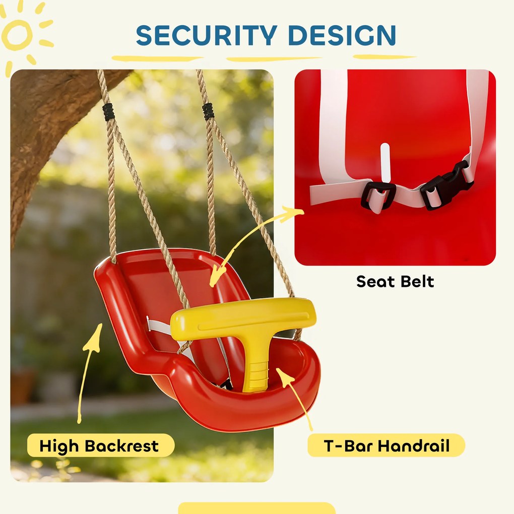 AIYAPLAY Regulowana huśtawka dla niemowląt, rosnąca z dzieckiem — siedzisko z oparciem i barierką bezpieczeństwa, dla dzieci 9-36 miesięcy, Czerwony | Aosom PL