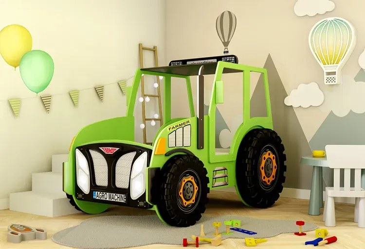 Zielone łóżko ciągnik dla dziecka z oświetleniem LED N4-G24