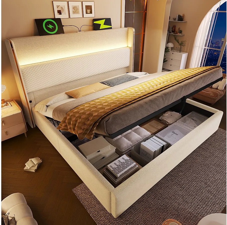 Łóżko z pojemnikiem 160x200 cm Łóżko dla dorosłych z USB i LED, tapicerowany zagłówek - beżowy len (bez materaca)