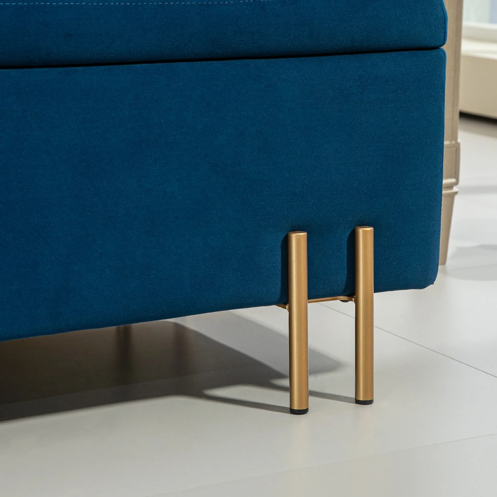 HOMCOM Ławka Tapicerowana z Miejscem do Przechowywania, Metal, Drewno Gumowe, Pianka, 100 x 40 x 42 cm, Granatowa