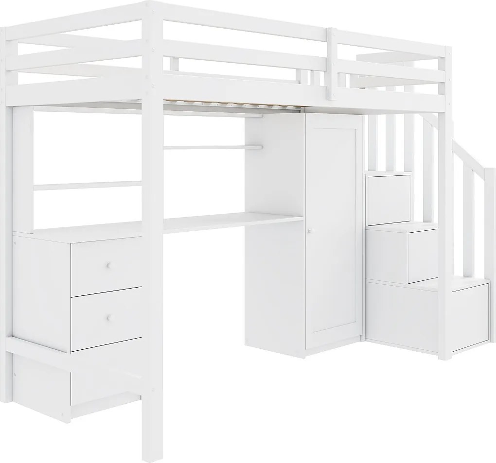 Łóżko mezzanine 90x200cm z drewna - z biurkiem, szafą i schodami do przechowywania - Białe