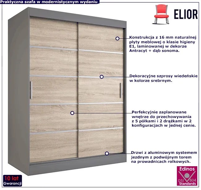 Szafa przesuwna antracyt + dąb sonoma 150 cm C3-G21