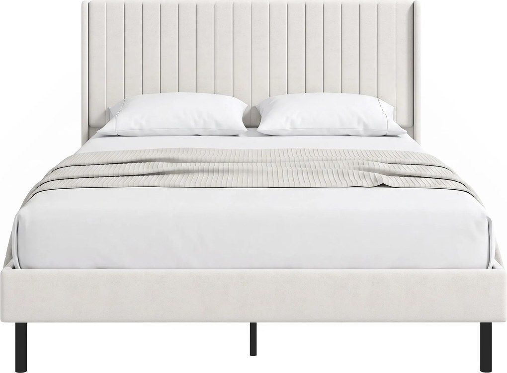 HOMCOM Rama łóżka 140 x 200 cm z regulowanym wezgłowiem, łóżko tapicerowane z 12 listwami, beżowe | Aosom PL