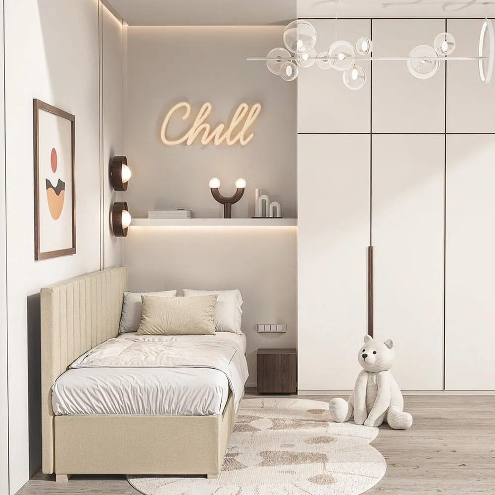 Beżowe łóżko dziecięce ze schowkiem i materacem 90x200 cm Chill – Ghado