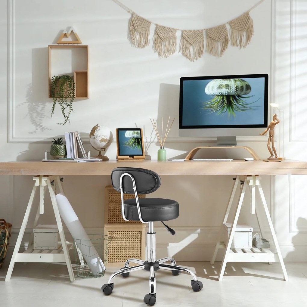 Taboretka na kółkach z oparciem ROLAND, Ø35cm, czarna Casaria