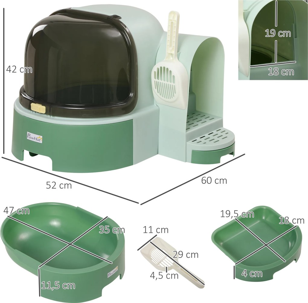 PawHut Toaleta Domek dla Kota z Łopatką Pokrywą Zielony Praktyczna Kuweta w Zestawie | Aosom PL
