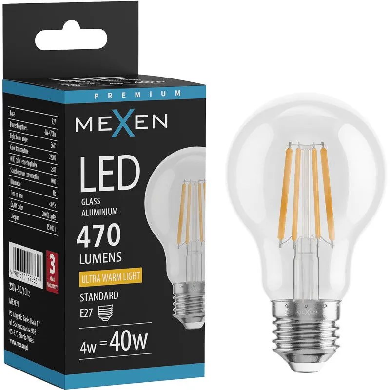 Mexen Vintis żarówka filament LED E27, A60, 4W, Ciepła - 2200K, 470 lm, clear - L150-E27-0422-00