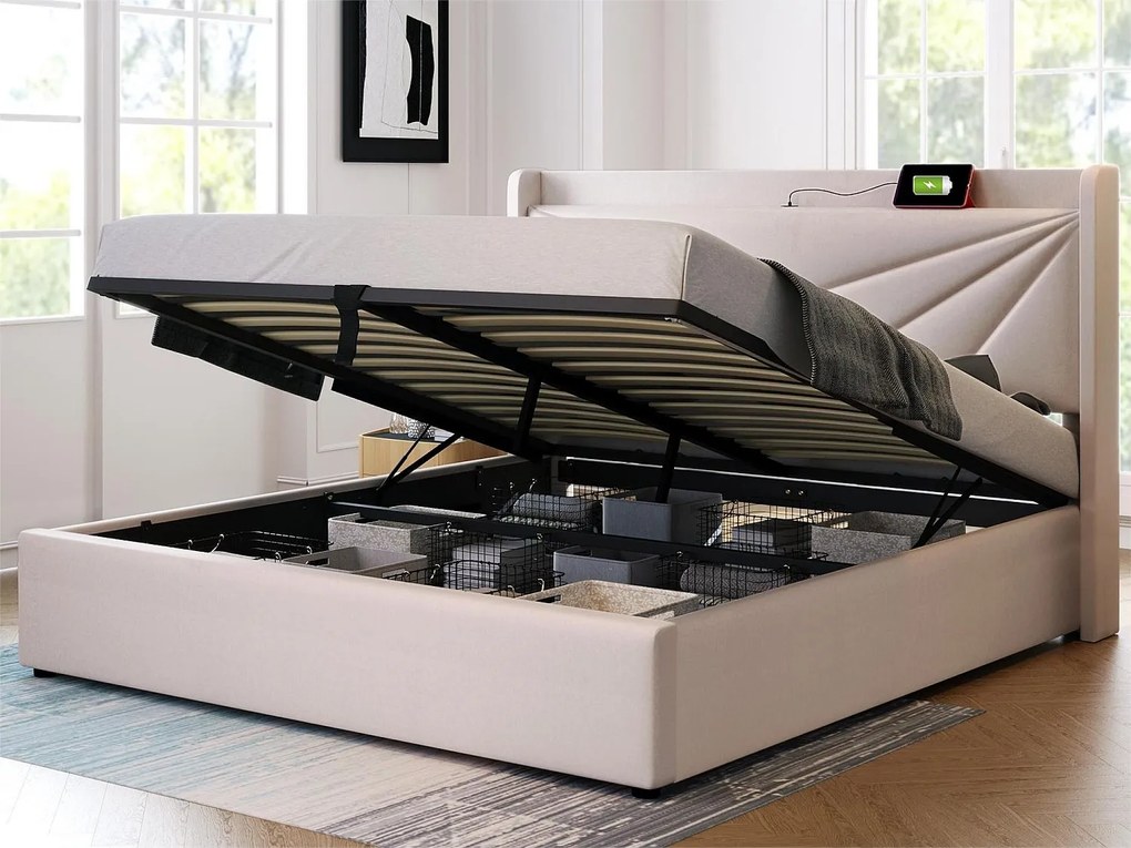 Łóżko ze schowkiem 140 x 200 cm - USB i typ C - tkanina lniana - stelaż listwowy - beż