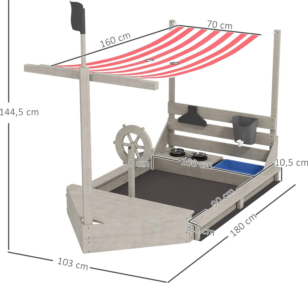 Outsunny Piaskownica Piracki Statek z Daszkiem i Zestawem Kuchennym dla Dzieci, Drewno, 180 x 103 x 144,5 cm, Szara