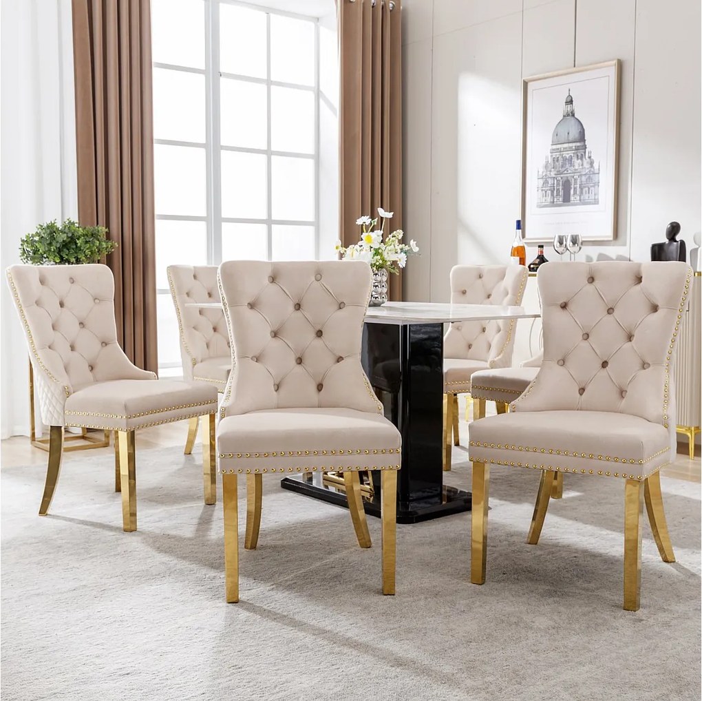 Komplet 6 krzeseł tapicerowanych - 51 x 65,5 x 95 cm - nogi ze stali nierdzewnej w kolorze złotym - aksamit - beż