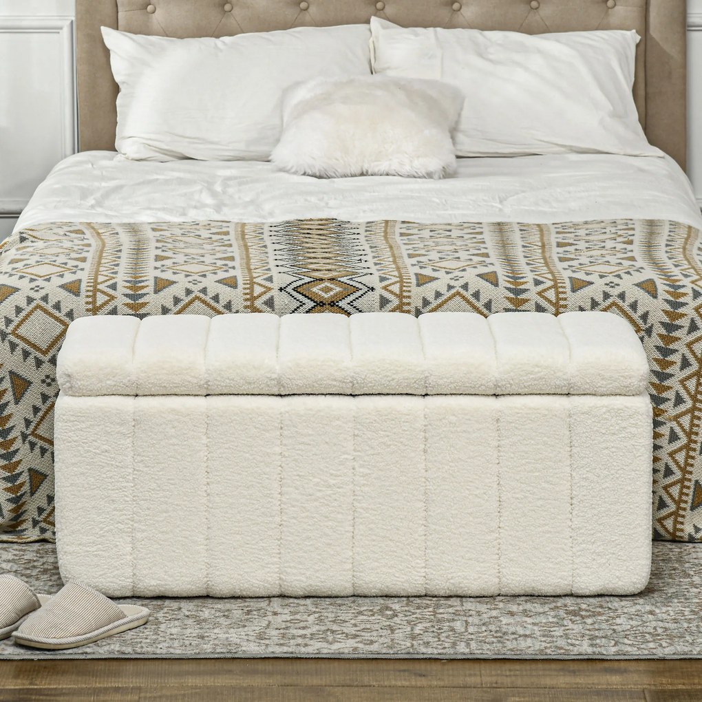 HOMCOM Tapicerowana ławka do sypialni z miejscem do przechowywania, wytrzymała do 120kg, 102x45x46cm, Kremowobiały