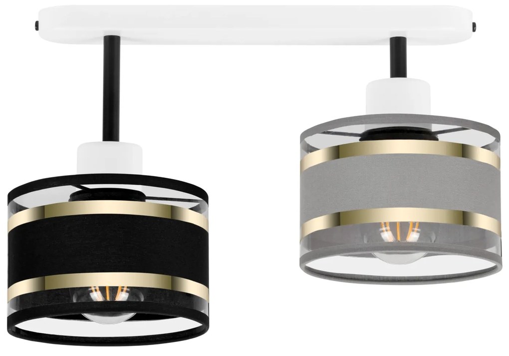 Lampa sufitowa biała dwupunktowy spot z szaro-czarnymi abażurami T-330