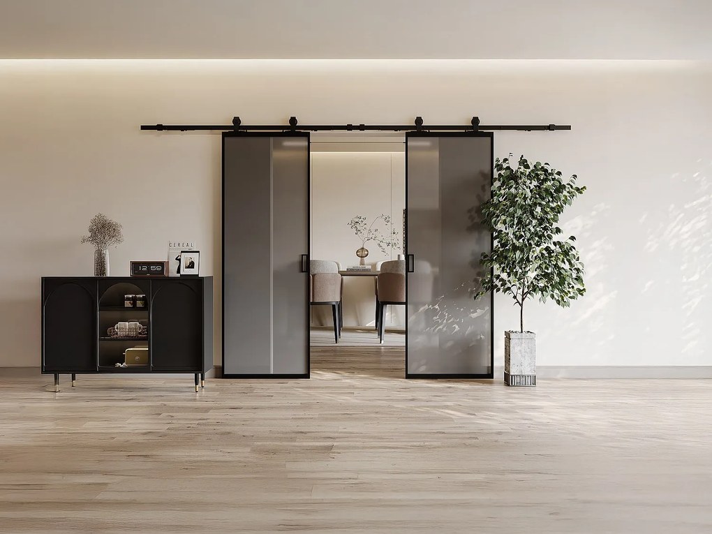 Drzwi przesuwne naścienne podwójne - aluminium i dymione szkło hartowane - 2 x wys. 205 x szer. 73 cm - LINCI II