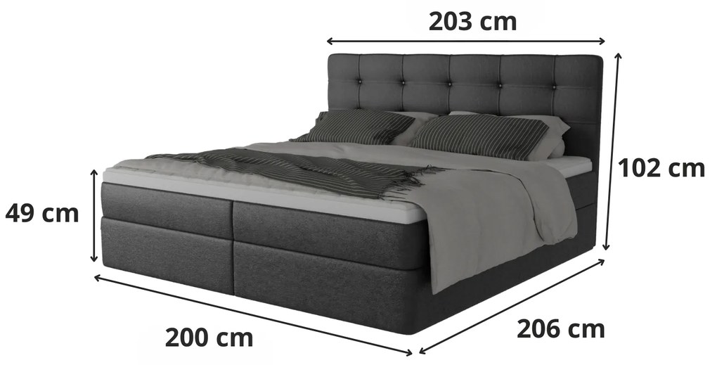 Luksusowe łóżko kontynentalne BRUNO 200cm z wygodnym materacem oraz dużymi pojemnikami, tapicerowane czarną tkaniną