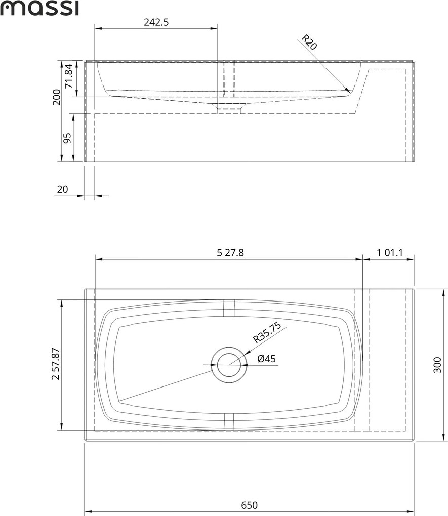 Umywalka betonowa wisząca / nablatowa prostokątna bez otworu na baterię 65 x 30 cm z półką ZALM | różne kolory : Kolor - Grafitowy, Typ montażu - podwieszana