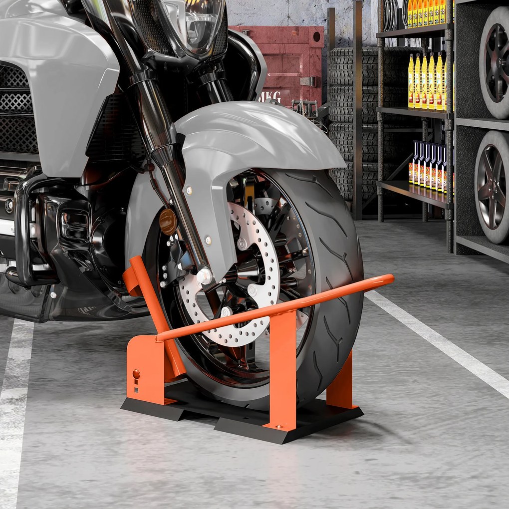 HOMCOM Stojak motocyklowy do przedniego koła 38,1-53,34 cm, 381-533,4 mm, regulowany klocek pod koło, nośność 816,5 kg, Pomarańczowy | Aosom PL
