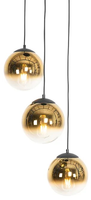 Lampa wisząca w stylu art deco czarna ze szklanymi kulami w kolorze złotym, okrągła, 3-światłowa - Pallon ArtDeco Oswietlenie wewnetrzne