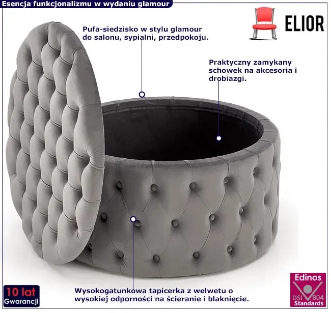 Popielata okrągła pufa ze schowkiem do salonu - Issen