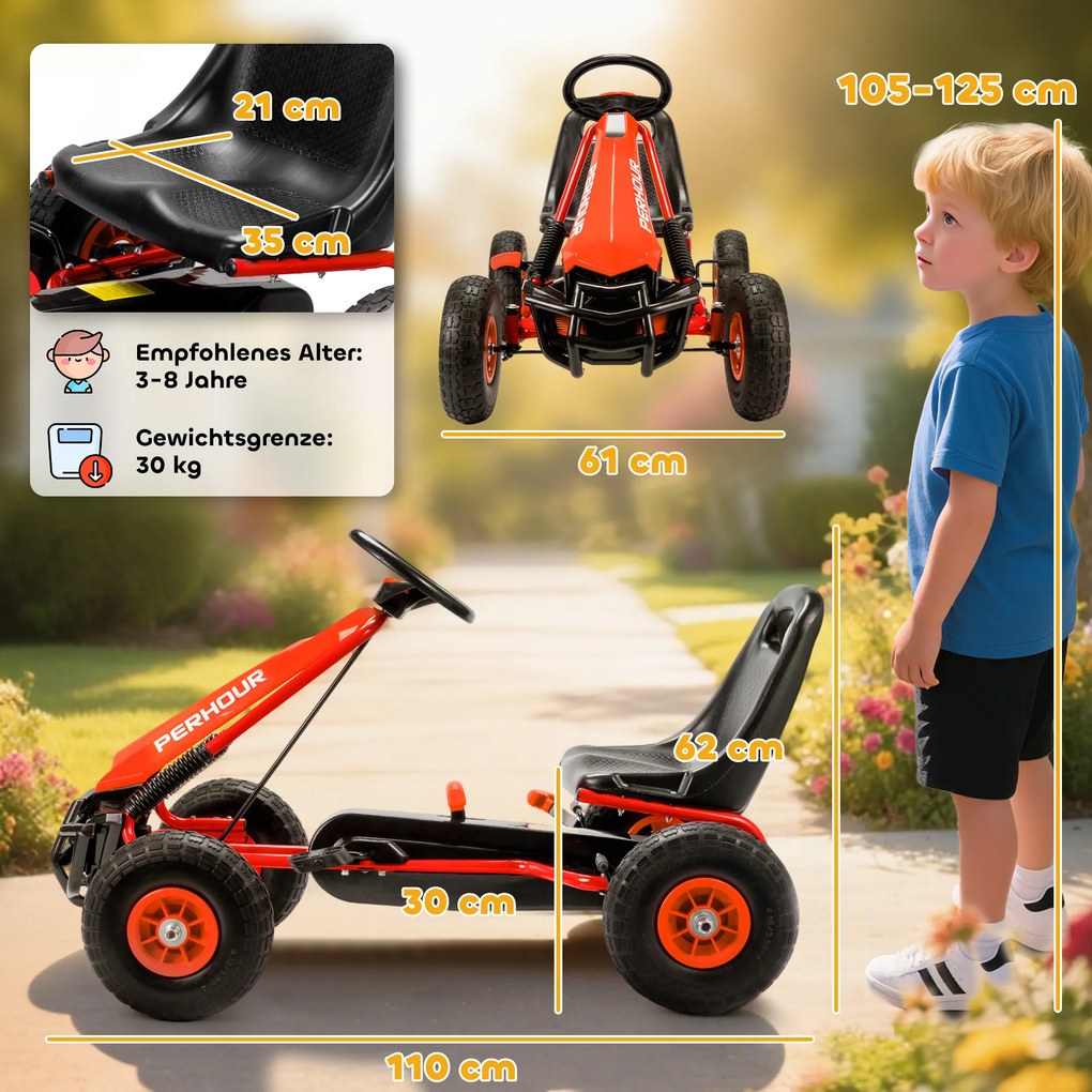 AIYAPLAY Gokart na pedały dla dzieci, regulowane siedzenie, opony EVA, hamulec, sprzęgło, 3-8 lat, Czerwony